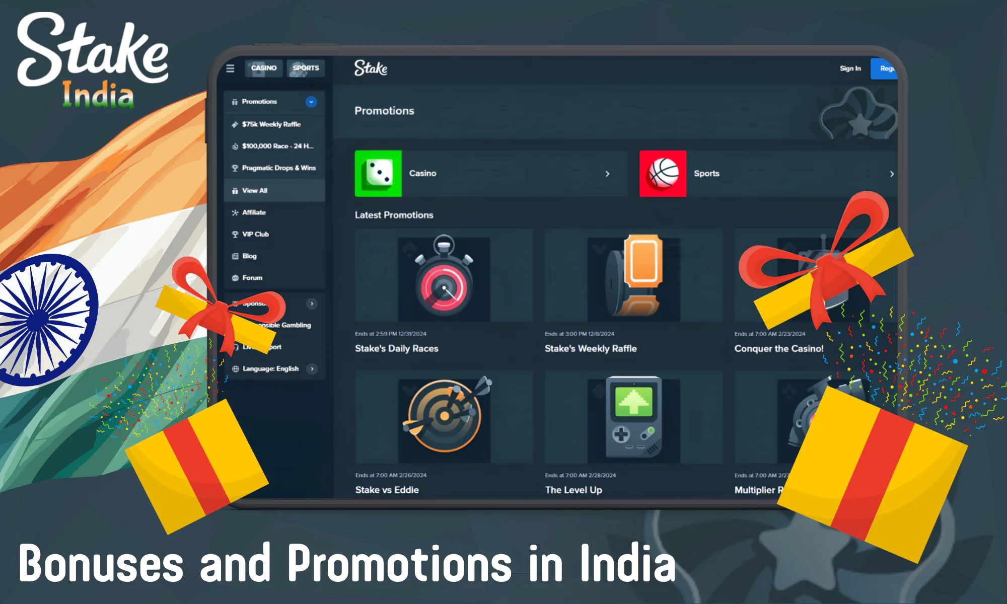 Stake in India has a special bonus program with many promotions and bonuses