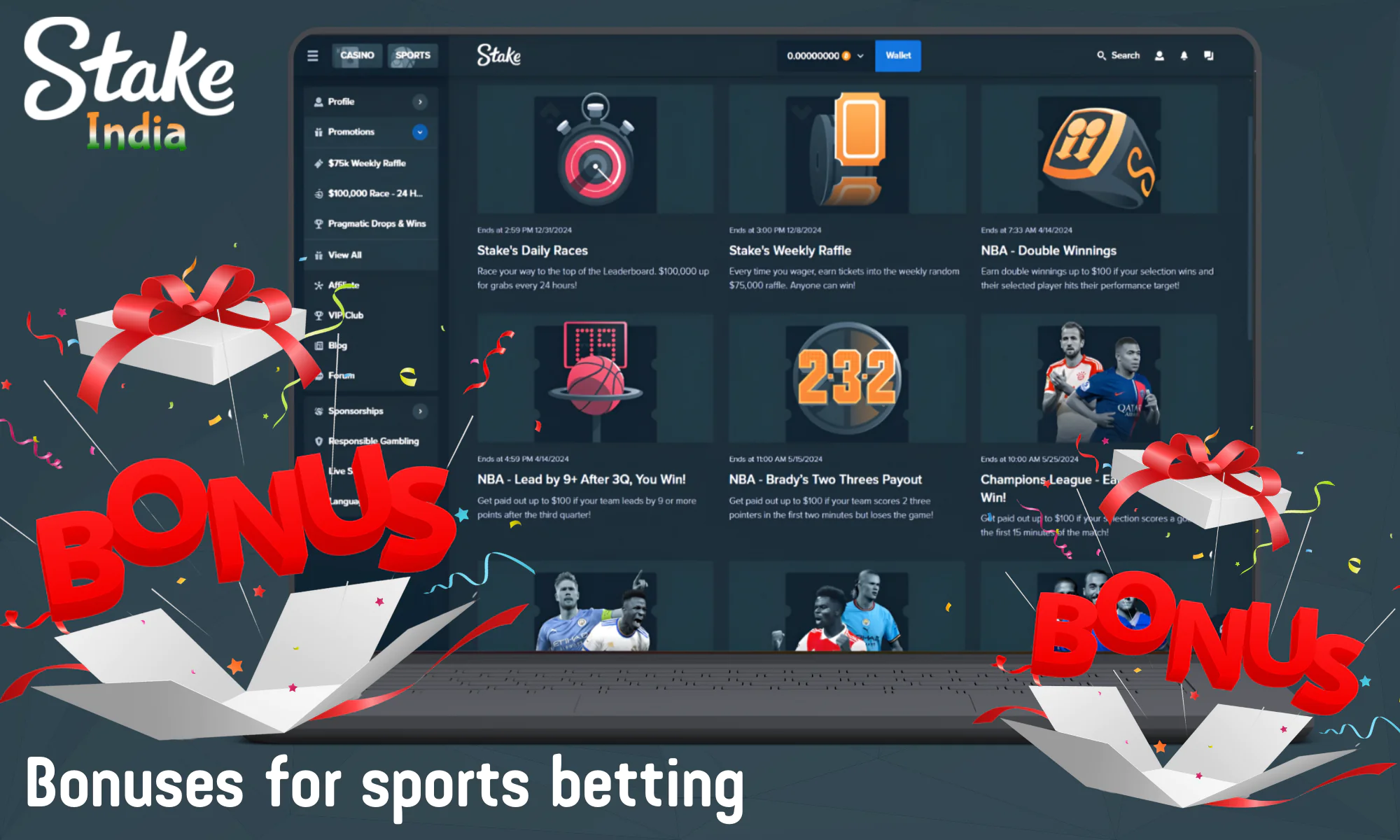 The bookmaker Stake offers a wide variety of bonuses in the Sports section