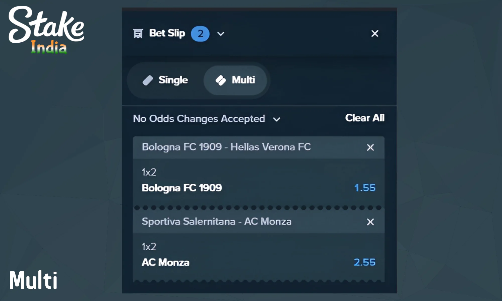Stake allows you to select up to 25 matches and add them to a betting coupon