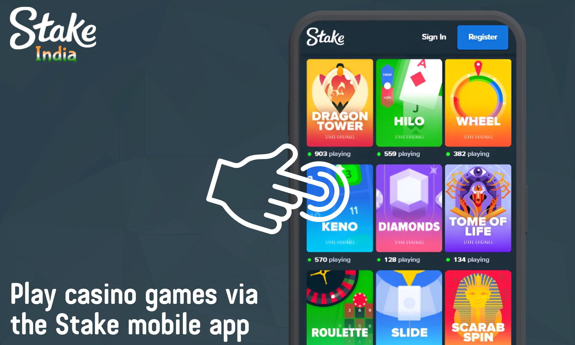 The casino section of the Stake app contains more than 3400 exciting games of various types