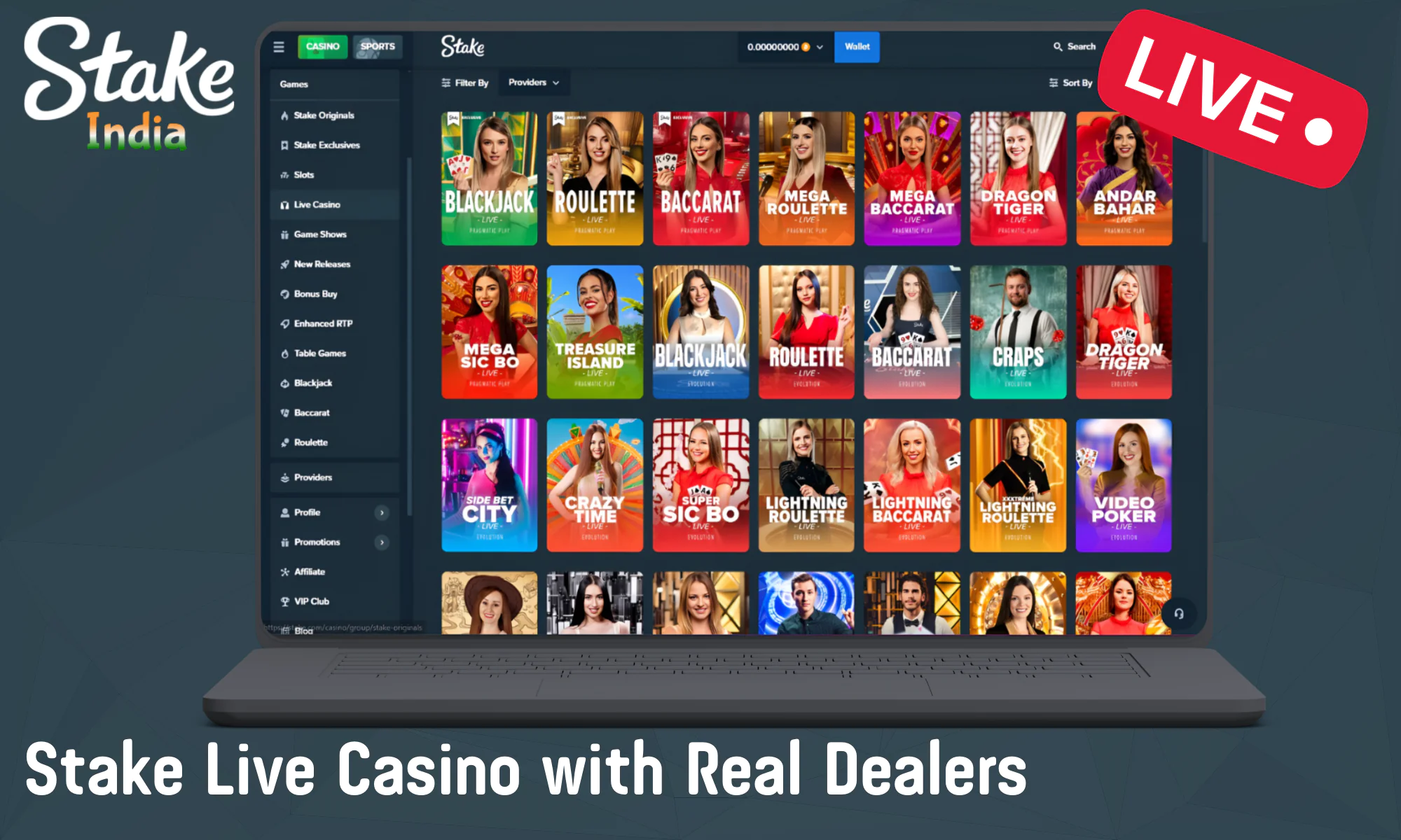 Stake India offers access to 60 different online games with live dealers