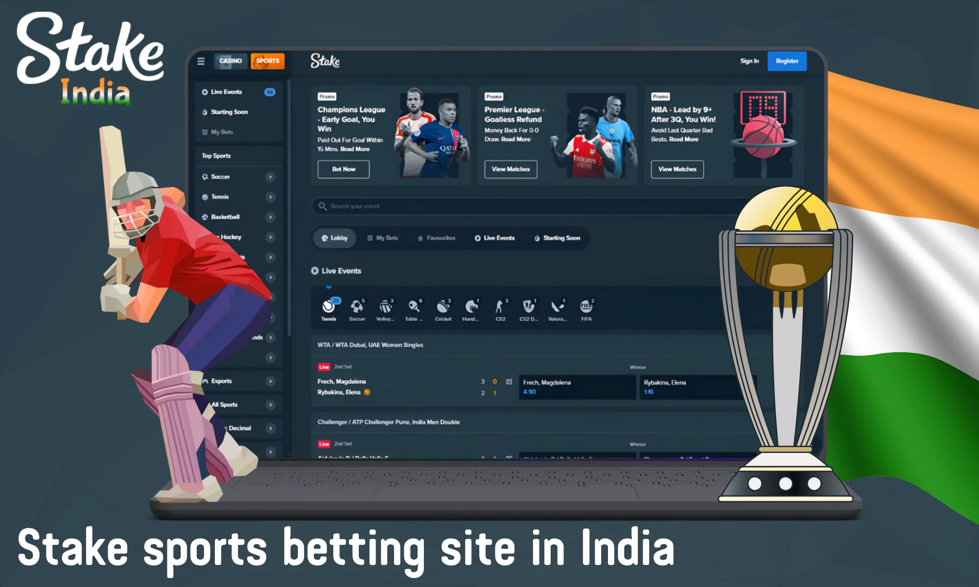 Stake bookmaker allows players from India to bet on more than 35 traditional sports