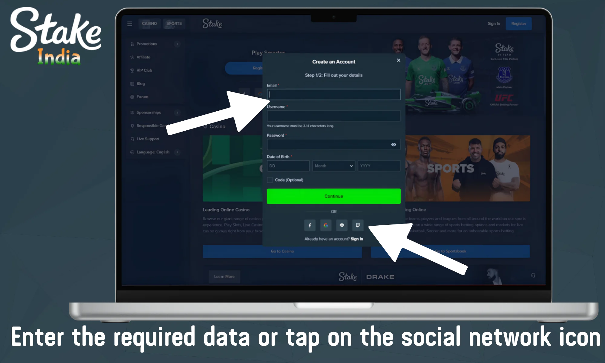 Enter your details or use the social media login icon